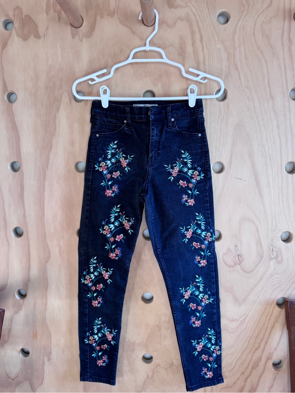 Topshop Dark Blue Embroidered Floral Ankle Jeans